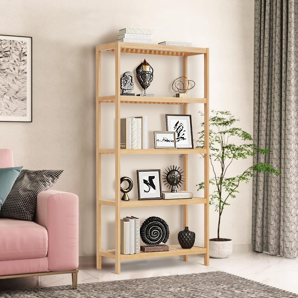 HLXZN 5 Tier Bamboo Freestanding Shelf Unit, Multifunctional Bookshelf Bookcase for Bathroom, Kitchen, Living Room, Office HLXZN