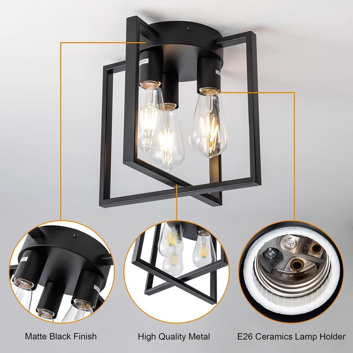 LEIP 3-Light Ceiling Light Fixture, Semi-Flush Mount Light with Contemporary Geometric Metal Cage, Farmhouse Industrial Lighting for Kitchen Living Room Bedroom Hallway Foyer, E26 Black LEIP