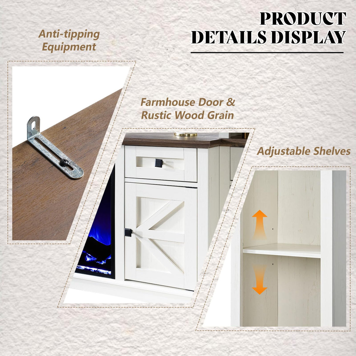 AMERLIFE 98in Farmhouse Entertainment Center with 36" Fireplace, TV Stand, Bookshelf, Wine Cabinet, Fits 78" TVs, Wall Unit Media Console with Power Outlets & Barn Doors, Living Room, Distressed White AMERLIFE