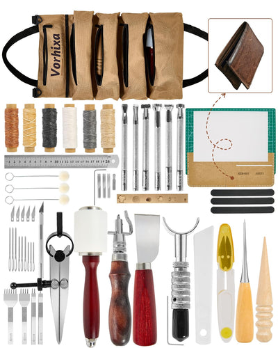 Vorhixa Leather Tooling Kit - Leather Working Tools & Stamps for Crafting, Cutting, Stamping, Sewing, Stitching, Engraving & Sanding - Complete Craft Kit for Adults and Begineers
