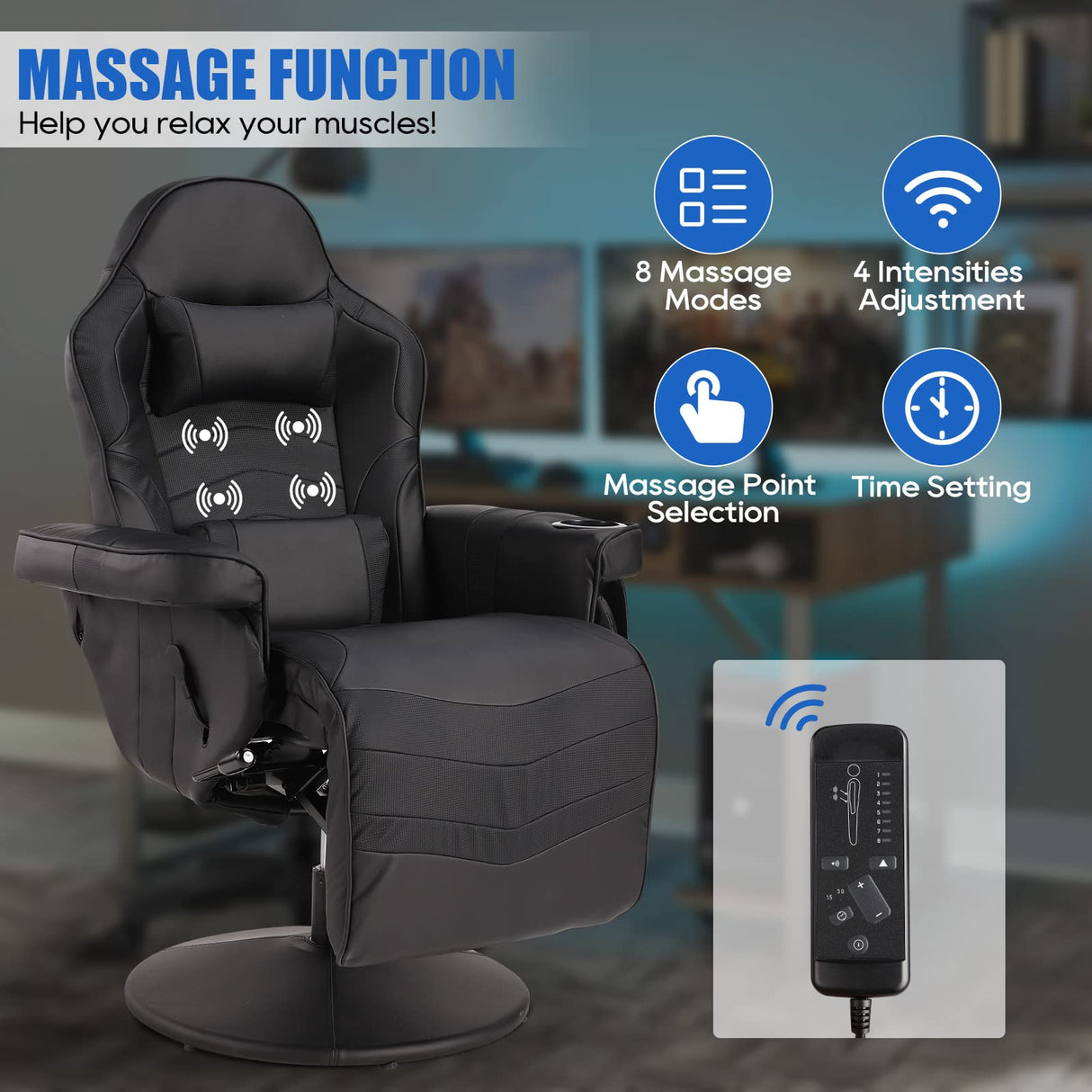Consofa Gaming Chair, Reclining Gaming Chair with Footrest, PU Leather Massage Video Gaming Recliner Chair w/Adjustable Height, Swivel Gaming Chair with Lumbar Support, Side Pouch (Black) Consofa
