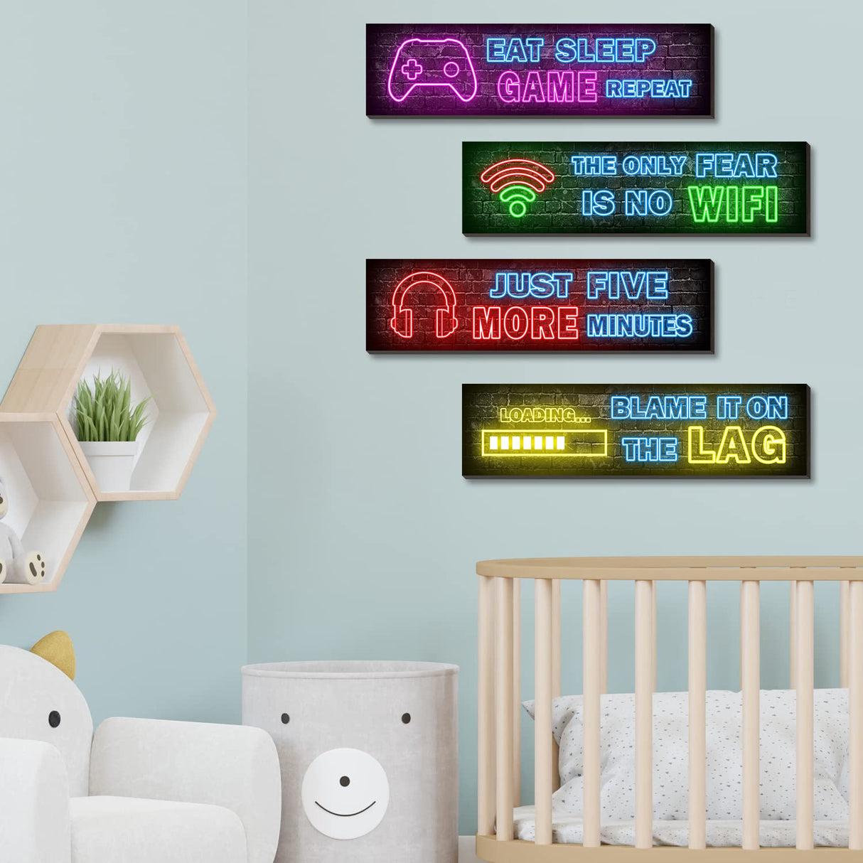 4 Pcs Printed Neon Gaming Posters, Teen Boys Room Decorations, gamer wall art Decor for bedroom Wooden Simimi art