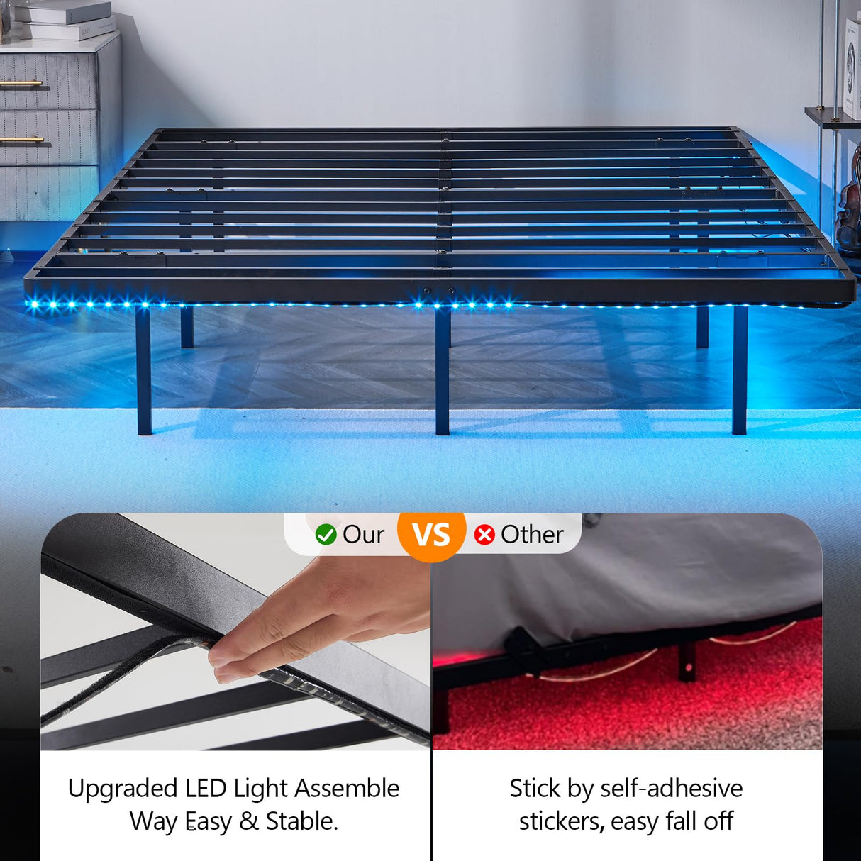 VINGLI King Floating Bed Frame with USB Charging & LED Lights - Heavy Duty Metal Platform, No Box Spring Needed VINGLI