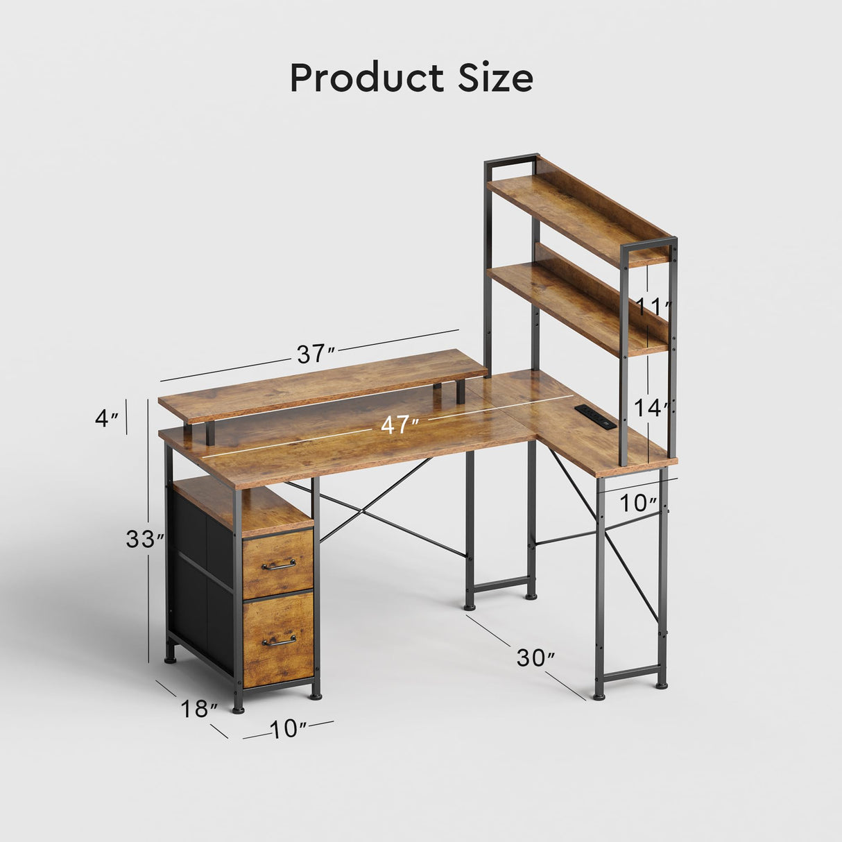 Maihail L Shaped Desk with Shelves,Reversible Computer Desk with LED Lights and Charging Station,Home Office Corner Desk with Monitor Stand,Brown2 Maihail