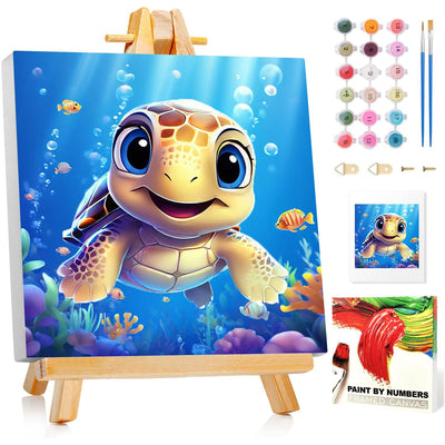 Reivworl Paint by Numbers Kit for Kids with Frame, Sea Turtles Paint by Number with Frame, Paint by Number Kids Age 5-8-12 for Gifts and Home Decor (8X8Inch)