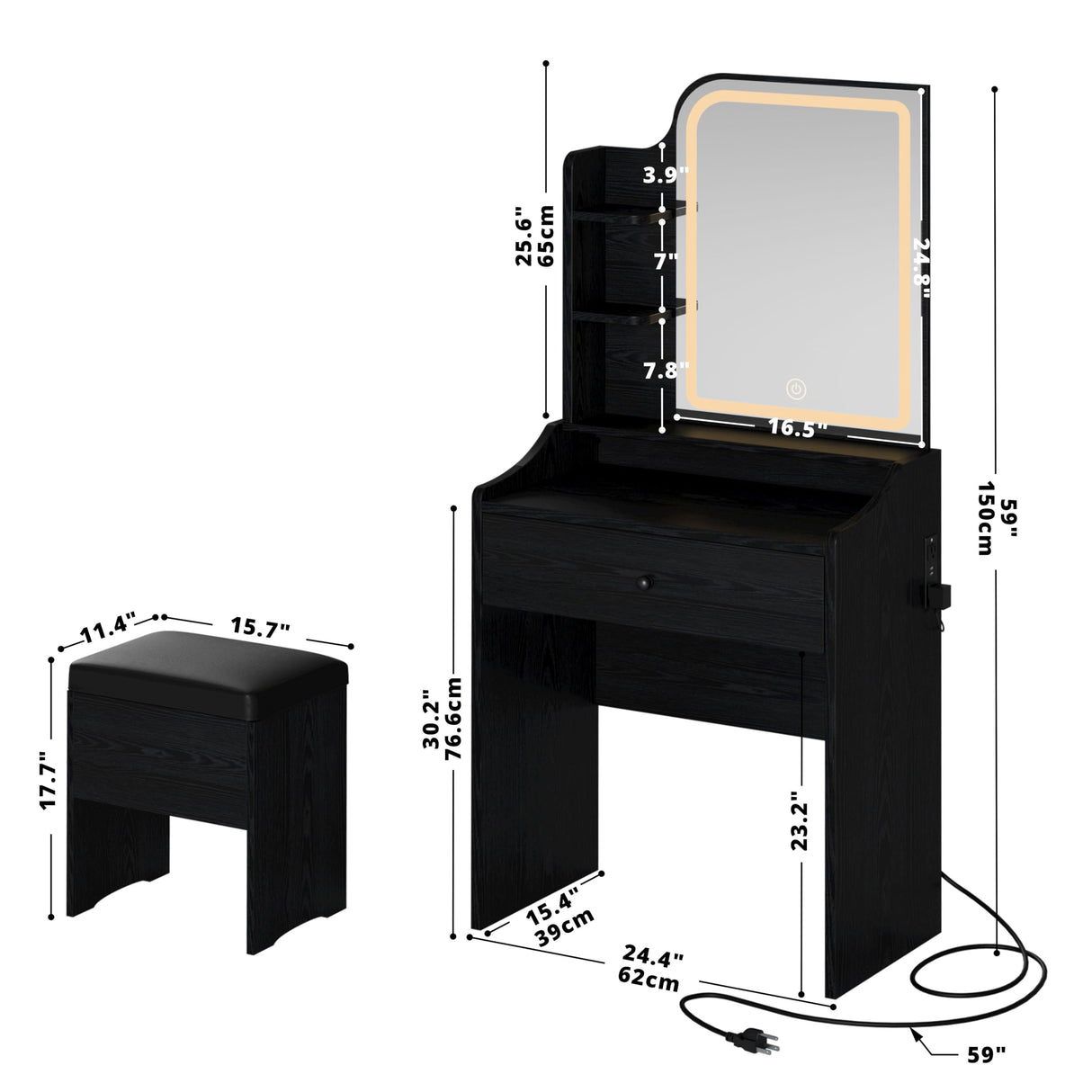 LIKIMIO Small Makeup Vanity Desk with Mirror and Lights, Vanity Table Set with Storage Drawer, Chair and Three Shelves, Bedroom, Black LIKIMIO