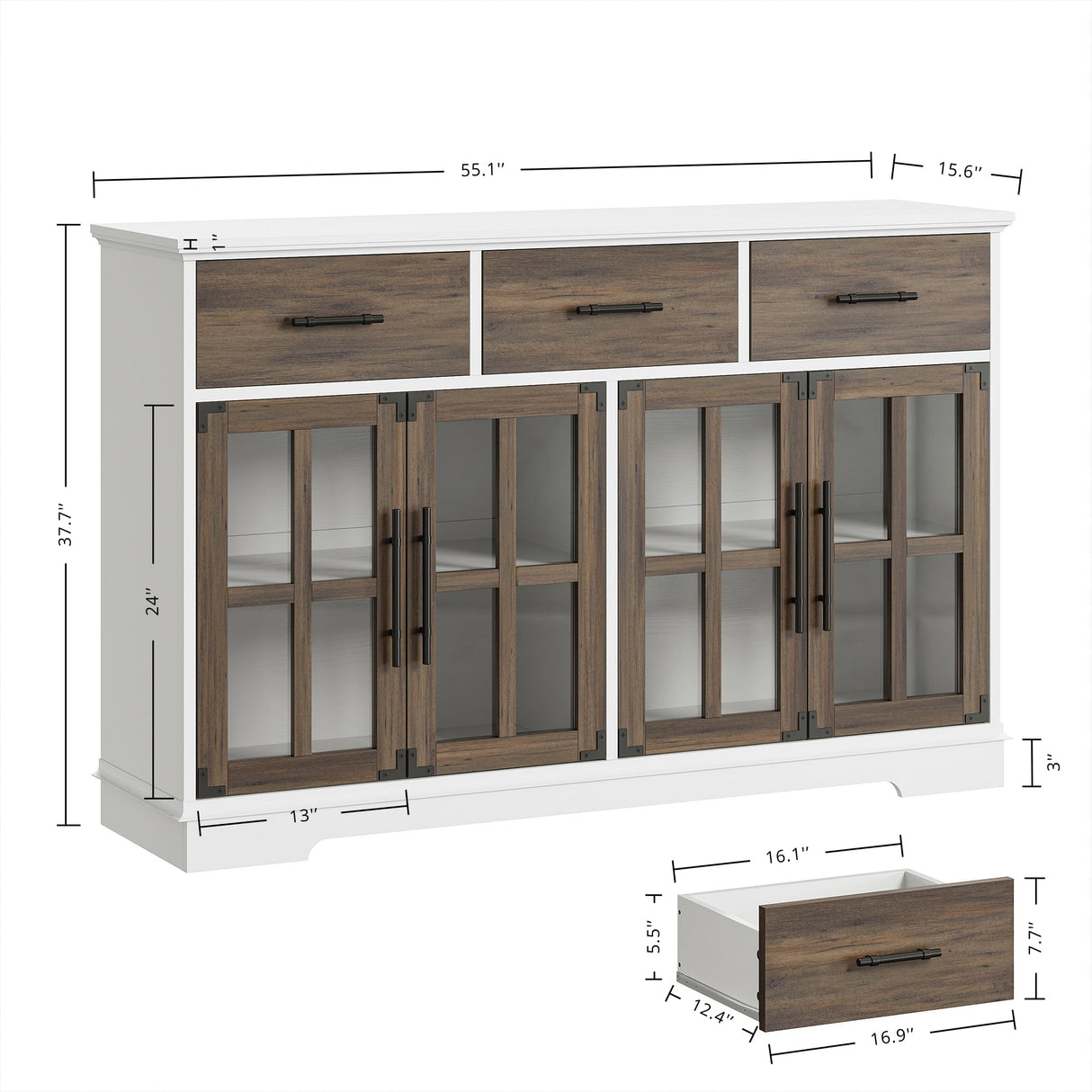IRONCK Buffet Cabinet with Storage, 55" Large Sideboard Buffet Storage Cabinet with LED Lights, Farmhouse Coffee Bar Wood Liquor Cabinet for Kitchen, Dining Room, White and Oak IRONCK