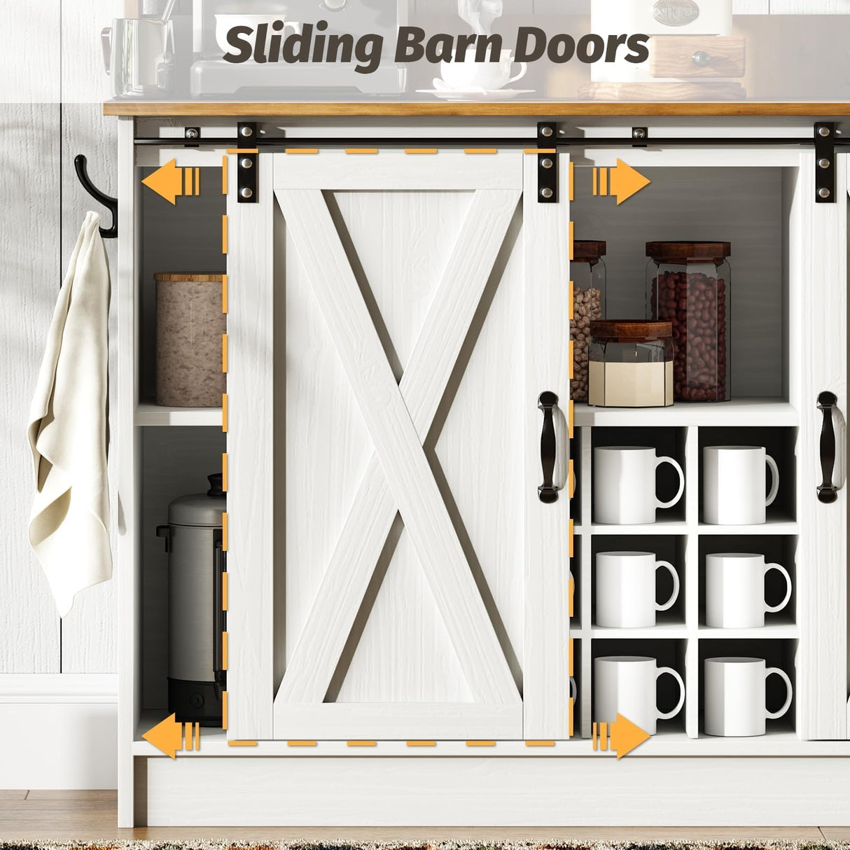 4ever2buy Farmhouse Coffee Bar Cabinet with Hutch, 47'' Kitchen Buffet Cabinet with 9 Wine Racks and 6 Hooks, Coffee Bar with Sliding Barn Door, White 4ever2buy