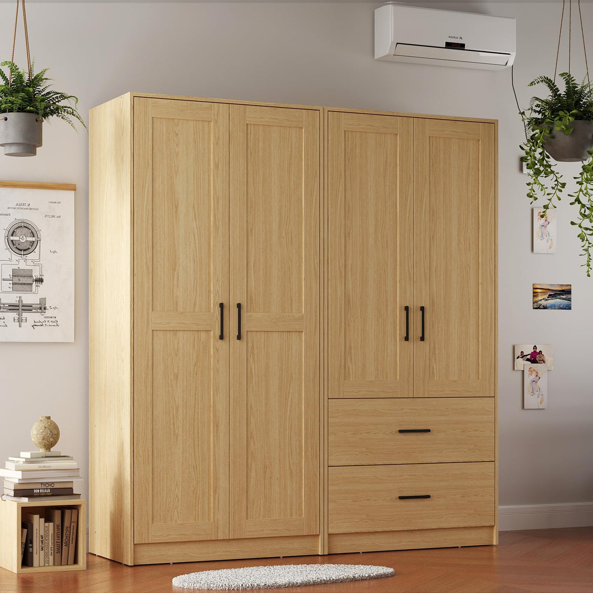 Fddevelop Wood White Wardrobe Closet with 2 Doors,Bedroom Freestanding Armoire Storage Cabinet with Shelves,Wooden Wardrobe Combination for Hanging Clothes (Wood Grain) (Wood Grain and 2 Drawer) Fddevelop