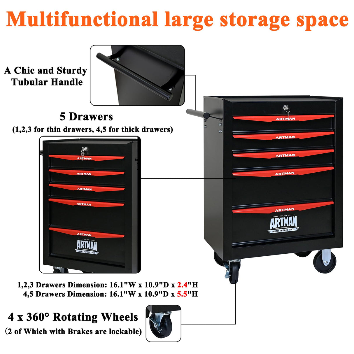 nifoti 5 Drawers Tool Cart on Wheels, Multifunctional Rolling Tool Chest Tool Storage, Drawers Rolling Tool Trolley Organizer Tool Case for Warehouse, Garage, Workshop, Repair Shop (5 Drawers-30.5"H) nifoti