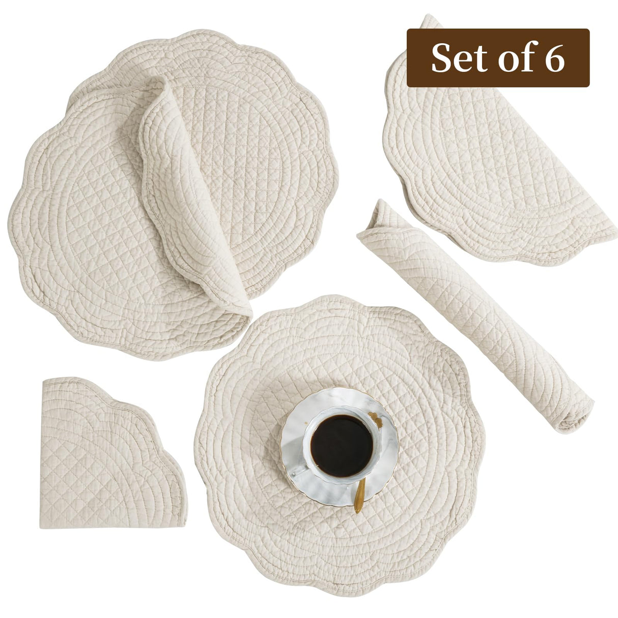BALAPET Quilted Placemats Set of 6, 100% Cotton 14" Table Mats Farmhouse Style, Reversible Round Tabletop with Scalloped Edges for Kitchen Dinner Party Holidays, Natural, Machine Washable BALAPET