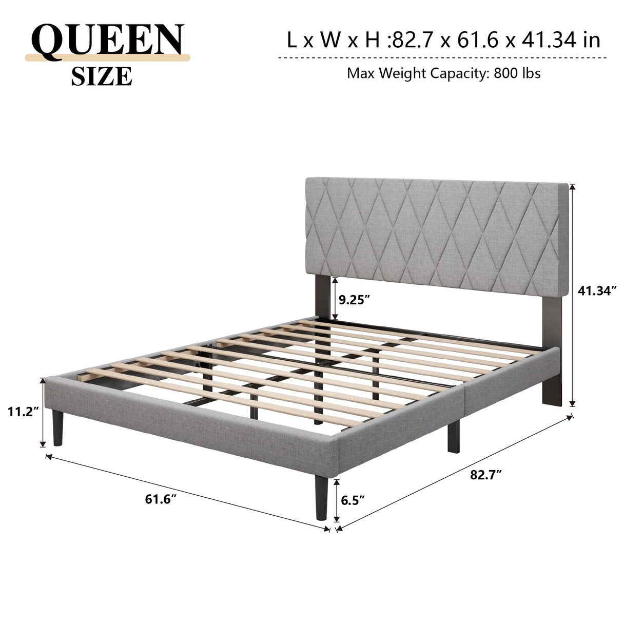 CXVX Queen Size Bed Frame with Diamond Tufted Headboard, Linen Upholstered Platform Bed and Wooden Slat Support, Noise-Free, No Box Spring Needed, Easy Assembly, Light Grey CXVX