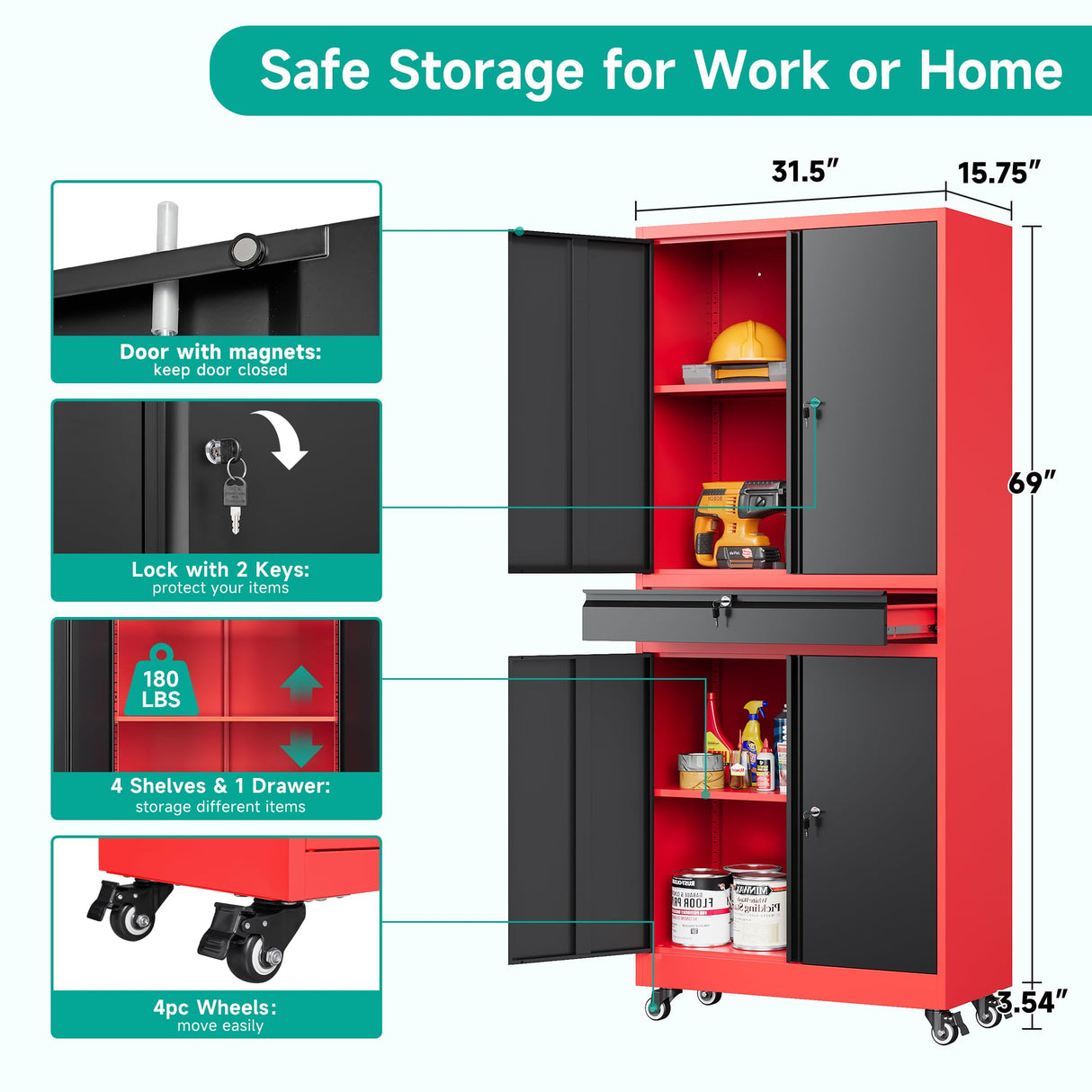 Metal Storage Cabinet with Wheels and Drawer,Rolling Garage Storage Cabinet with Lock,Black Red Metal Cabinet with Wheels,73" Mobile Tall Large Storage Cabinet on Wheels for Home,Office,Garage,Shop SISESOL