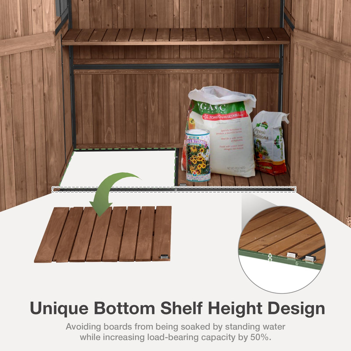 MEDEHOO Outdoor Storage Shed with Floor - Waterproof Natural Fir Cabinet with Adjustable Shelves and Double Lock for Anti-Theft - Suitable for Storing Garden Tools, and Household Debris (Deep Brown) MEDEHOO