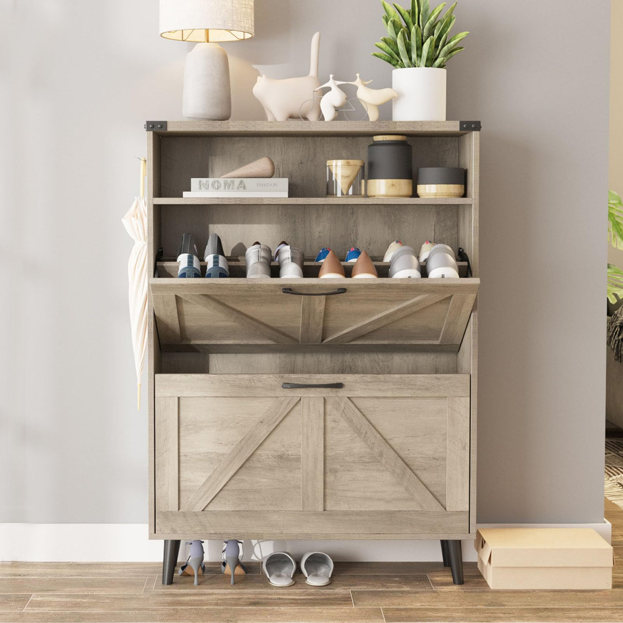 Halitaa Shoe Cabinet with 2 Flip Drawers,Shoe Storage Cabinet for Entryway,Freestanding Shoe Cabinet Organizer with Open Storage,Narrow Farmhouse Shoe Rack with Legs,Grey Halitaa