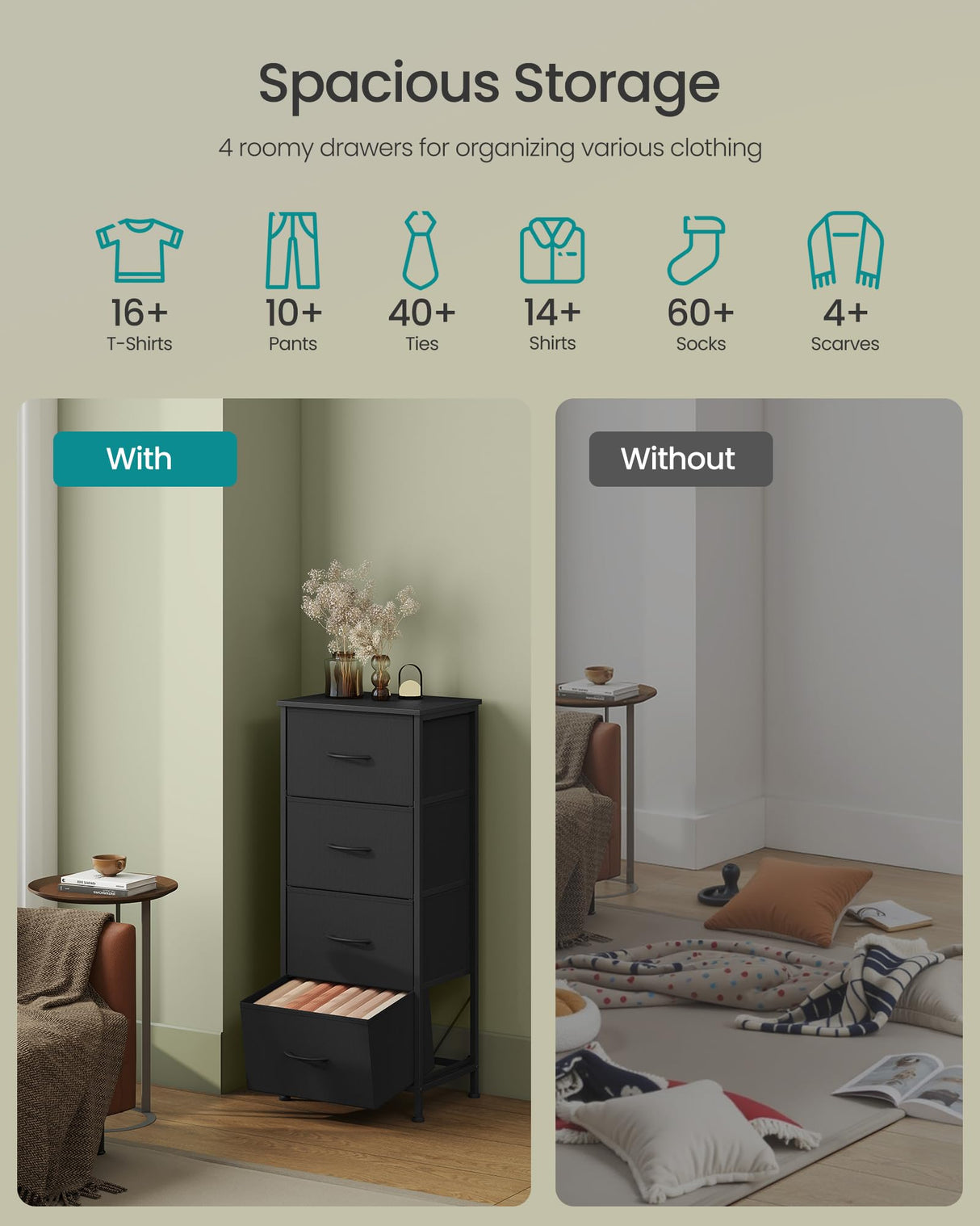 SONGMICS Dresser for Bedroom, Chest of Drawers, Steel, MDF, 4 Non-Woven Fabric Drawers, Storage Organizer Unit, Closet, Entryway, Ink Black and Ebony Black ULGS314B01S SONGMICS