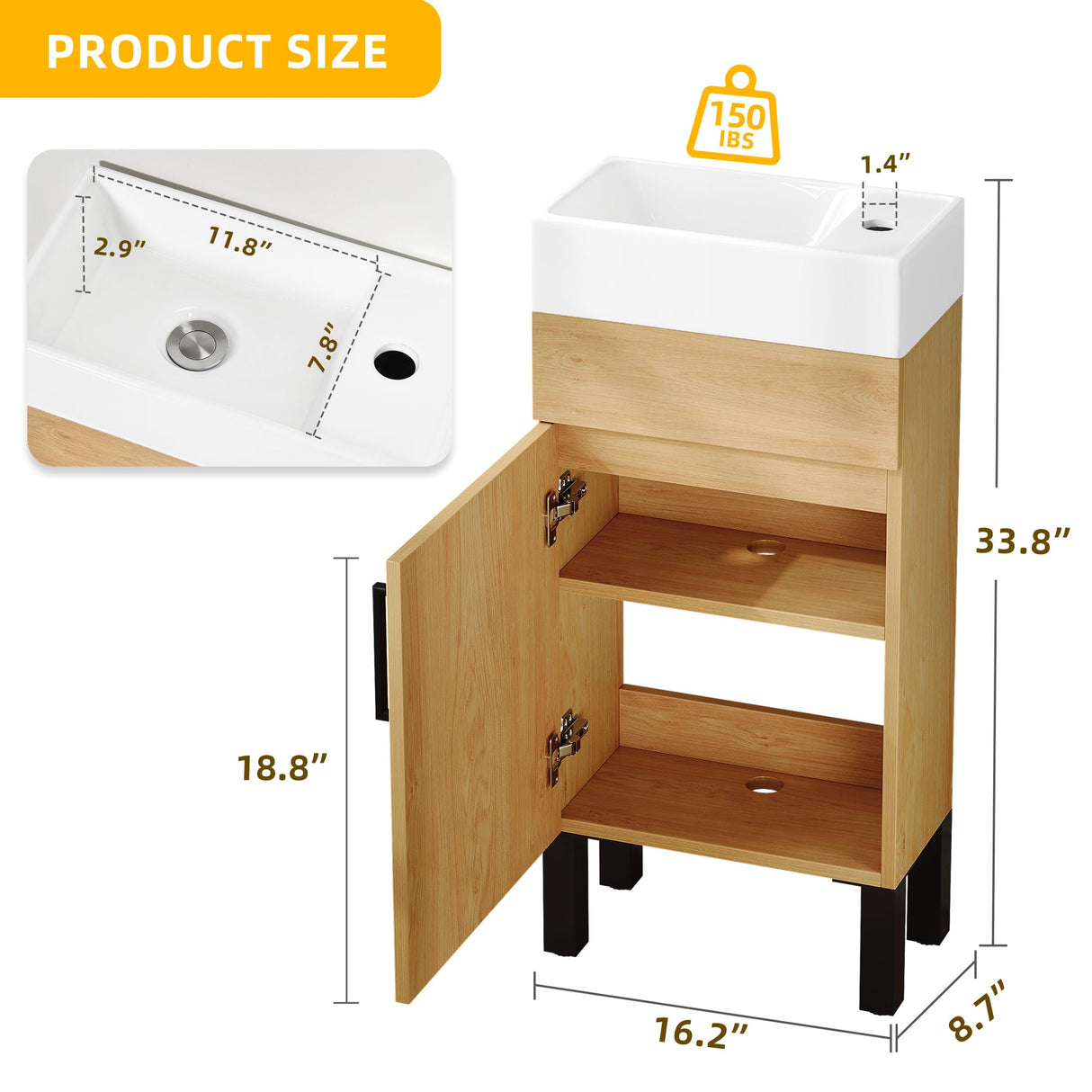 DWVO 16 Inch Bathroom Vanity Sink Combo for Small Space, Freestanding Bathroom Cabinet with Undermount Ceramic Sink, Modern Bathroom Storge Vanity Soft-Close Doors, Natural Brown DWVO