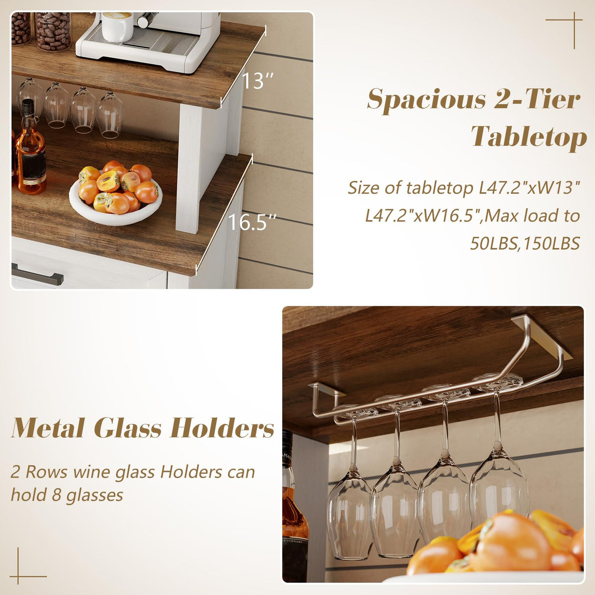 LUXOAK Farmhouse Coffee Bar Cabinet with Beverage Refrigerator Cooler, 47" Rustic Wine Bar Cabinet w/15 Mini Fridge, Barn Door & Glass Racks, Kitchen Hutch Buffet Table w/Drawer, Dining Room, White LUXOAK