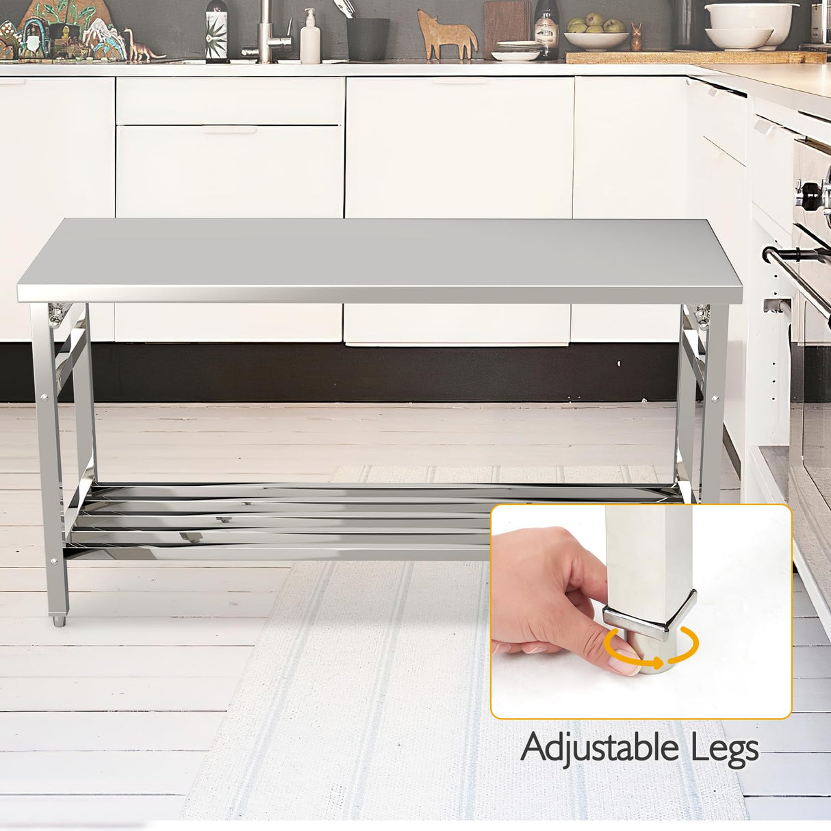 24 x 60 Inch Stainless Steel Folding Table for Prep & Work, NSF Commercial Heavy-duty Stainless Steel Kitchen Island with Undershelf for Restaurant and Home Fashionwu