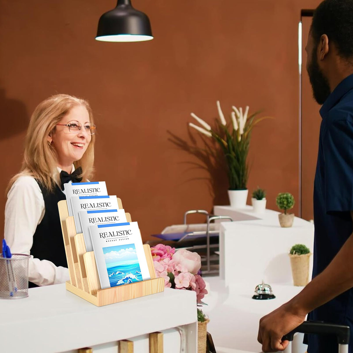 DLUGOPIS 4 Tier Wood Brochure Holder 8.5 x 11Magazine Display Rack Brochure Display Stand Literature Holder Pamphlet Display Stand Magazine Organizer Flyer Display Holder for Table Counter DLUGOPIS