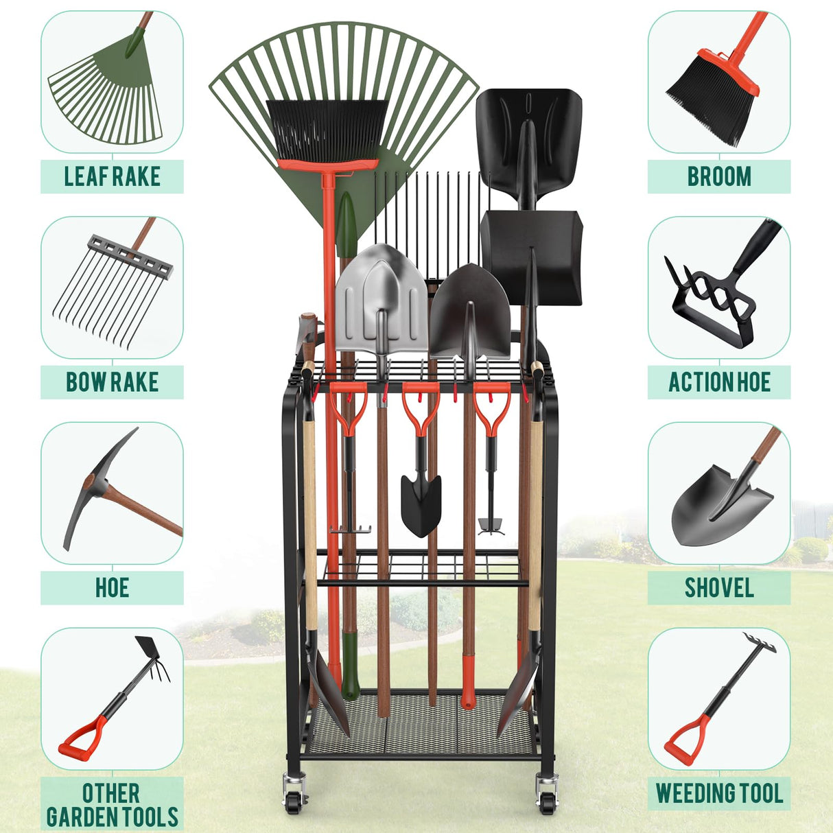 Trieez Wheeled Heavy Duty Garden Tool Storage, Alloy Steel Garden Tool Organizer with Wheels - Sturdy Metal Garden Tool Organizer for Garage, Shed, Yard Tool Holder, Basement Trieez