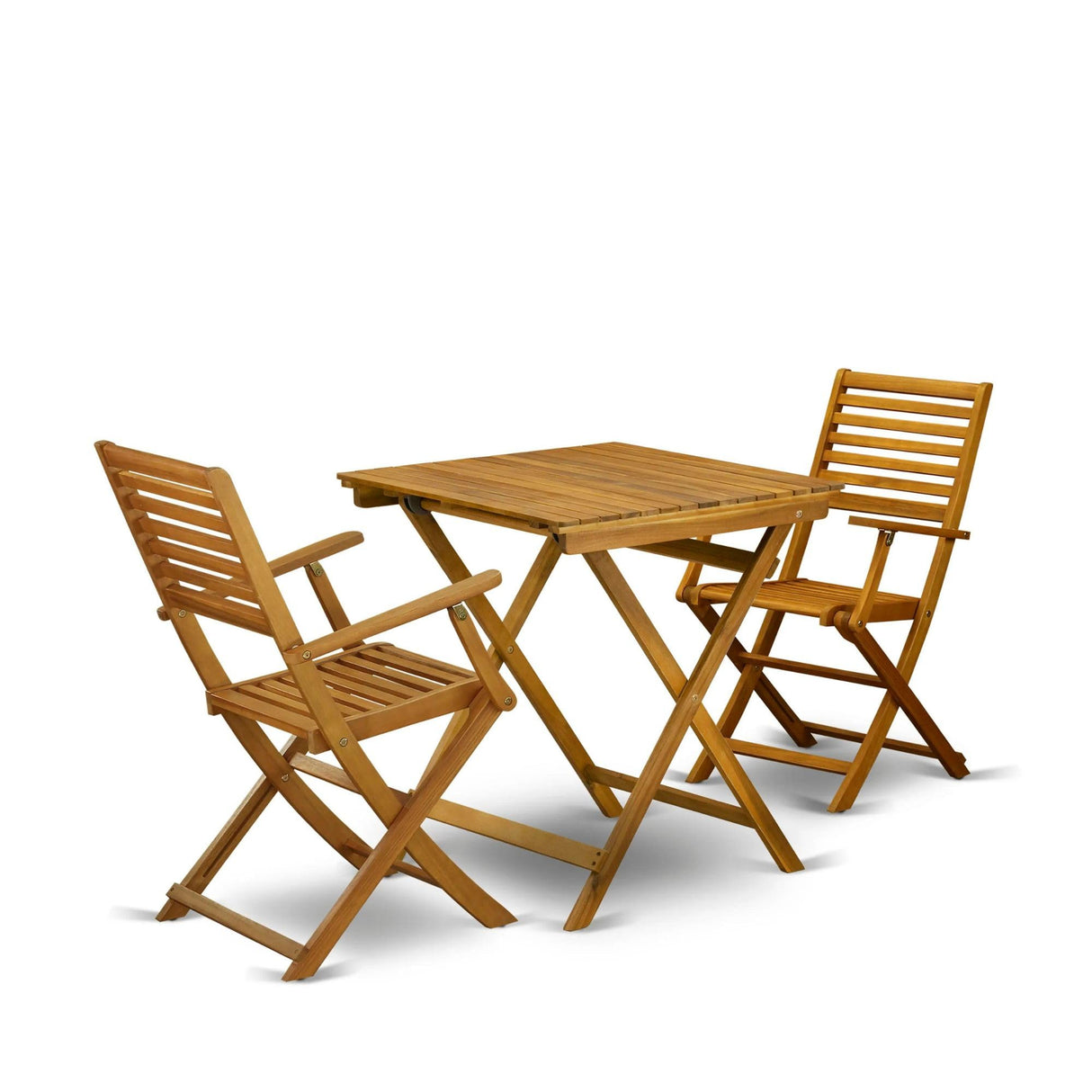 East West Furniture Selma 3 Piece Patio Bistro Outdoor Set Contains a Square Acacia Wood Coffee Table and 2 Folding Arm Chairs, 26x26 Inch, Natural Oil East West Furniture