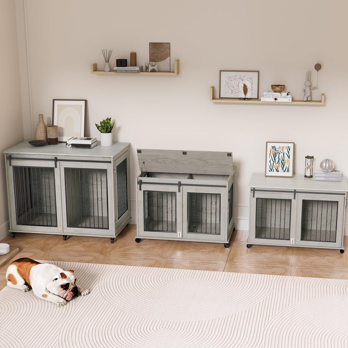 IchbinGo Large Dog Crate Furniture, 47" Wooden Dog Kennel with Sliding Barn Door, Flip-Top Lid & Wheels, Indoor Pet Crate Table with Detachable Divider for Small/Medium/Large Dogs (Rustic Grey) IchbinGo