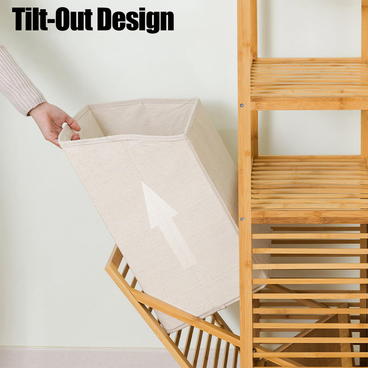 Bamboo Tilt-Out Laundry Hamper with Shelf & Removable Liner, 4 Tiers Freestanding Laundry Shelf Bathroom Storage Shelf Cabinet with Storage Basket for Bedroom Bathroom BuufuS