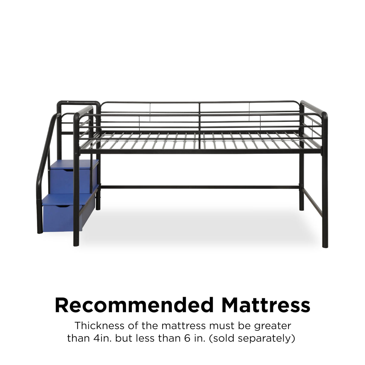 DHP Junior Twin Metal Loft Bed with Storage Steps, Multifunctional Space-Saving Solution - Black with Blue Steps DHP