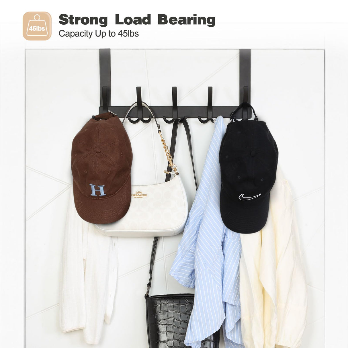 Over The Door Hooks for Hanging, Over The Door Hanger, Over The Door Towel Rack for Bathroom with 5 Triple Coat Hooks, Door Hanger Hooks Towel Hanger (Black, 1 Pack) Optish