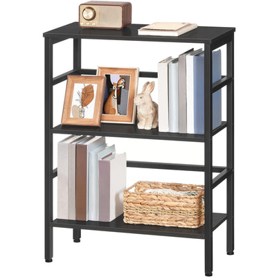 HOOBRO 3 Tier Bookshelf, Industrial Bookcase, Record Storage Rack with Side Fence, Wood Storage Shelf with Metal Frame, Rustic Open Display Shelf for Living Room, Bedroom, Black BB86CJ01G1
