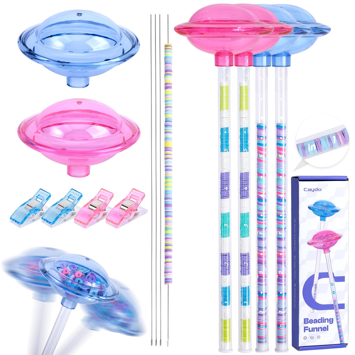 Caydo 4 Pack Bead Funnel with Graduated Scale and Lid, Clay Beads Beading Tools Kit, Beading Funnel for Clay Beads, Beading Supplies for Clay Bracelet, Beading Tools with Beading Needles Caydo