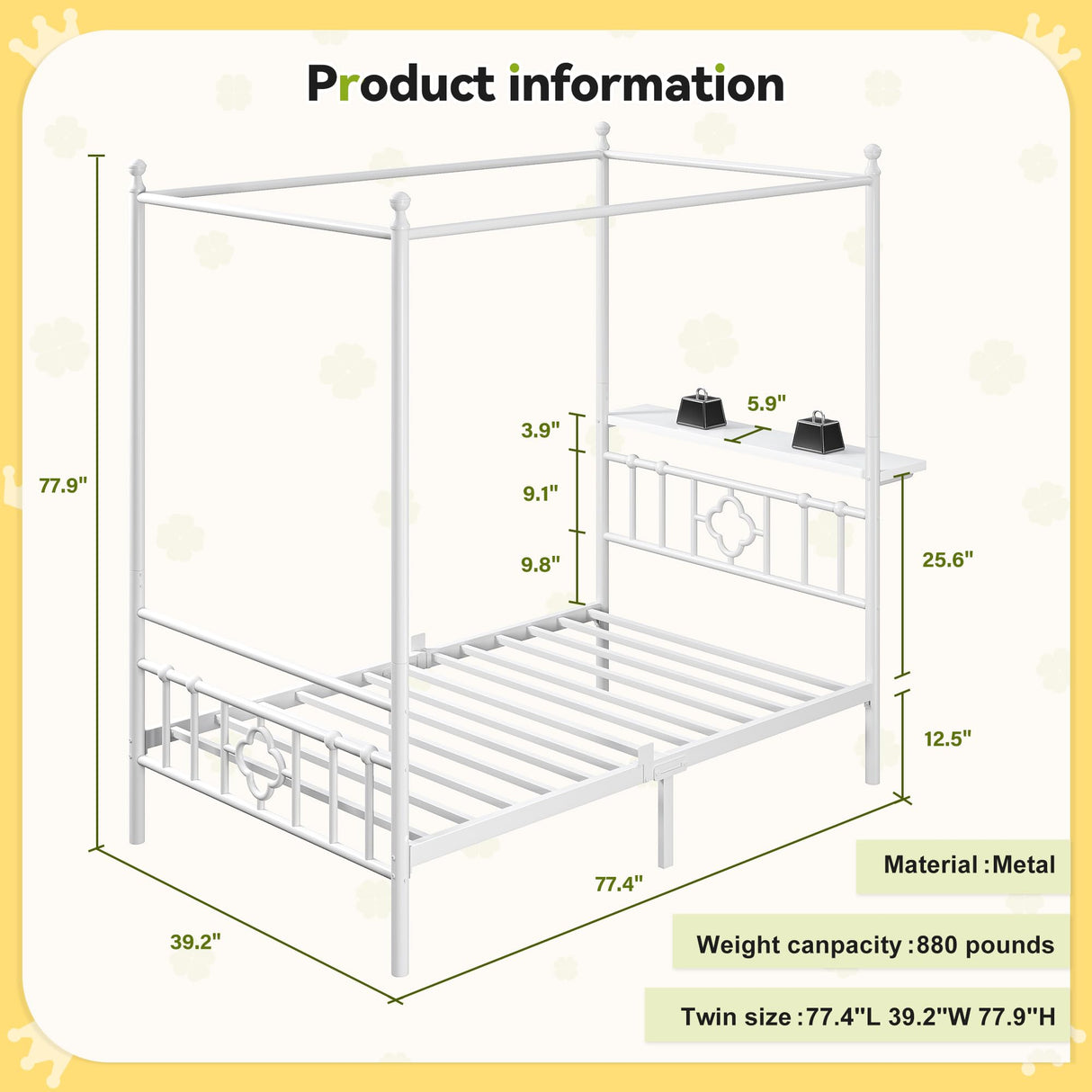 Homkdom Canopy Bed Frame with Storage Headboard, Twin Size Bed Frame with 4 Removable Posts, Sturdy Metal Platform with Under-Bed Storage, Dual Purpose Bed Frame, No Box Spring Needed, White Homkdom