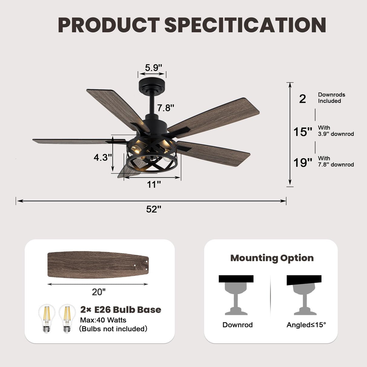 Dawn Whisper 52 Inch Farmhouse Ceiling Fans with Lights and Remote Quiet and Reversible DC Motor Black Industrial Rustic Caged Ceiling Fan for Bedroom Living Room Covered Patio Dawn Whisper