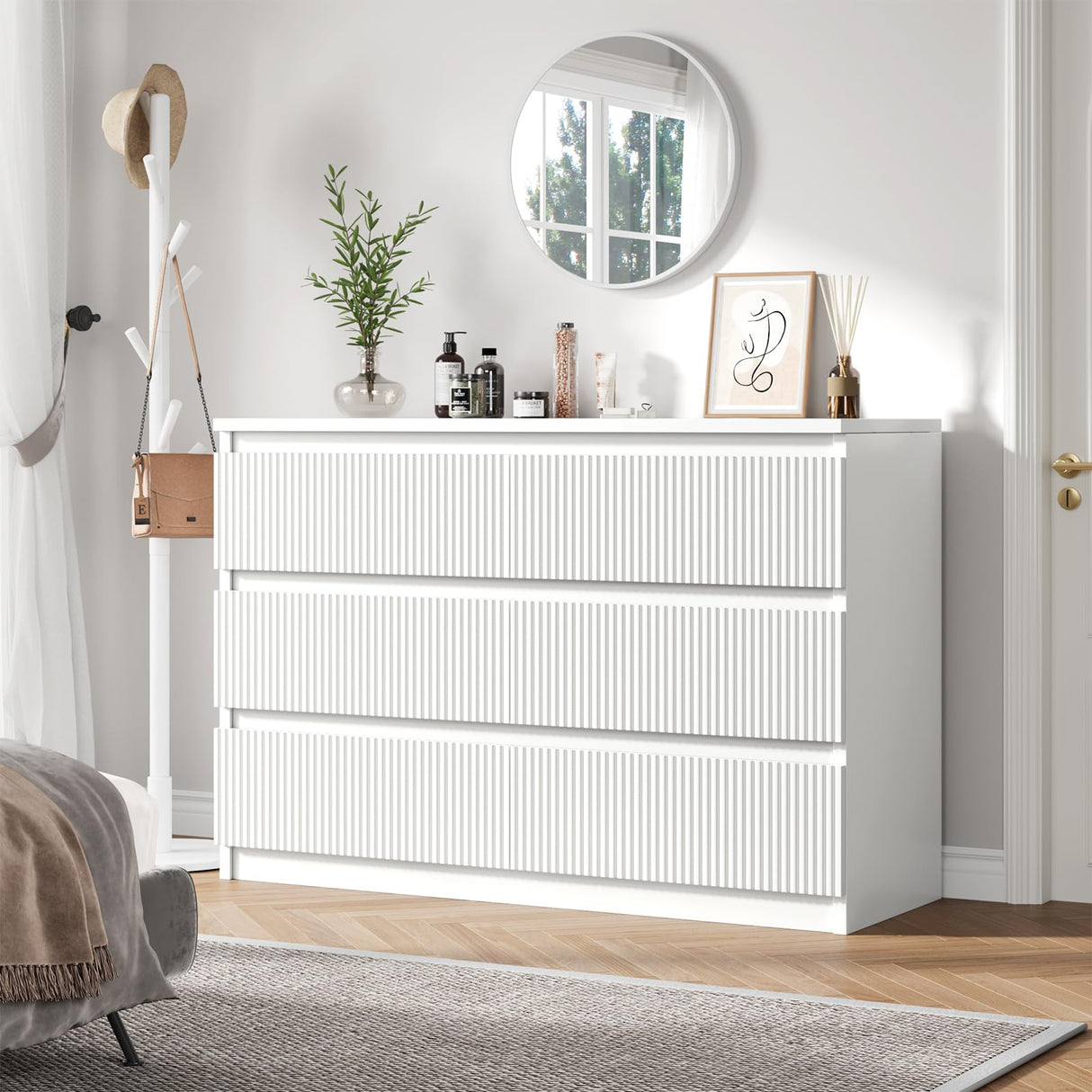 Jocoevol 6 Drawer Dresser, Fluted Dresser for Bedroom with Sleek Hidden Handles, Bedroom Dressers with Drawers, Wood Closet Clothes Storage Organizer for Bedroom, Pure White Jocoevol