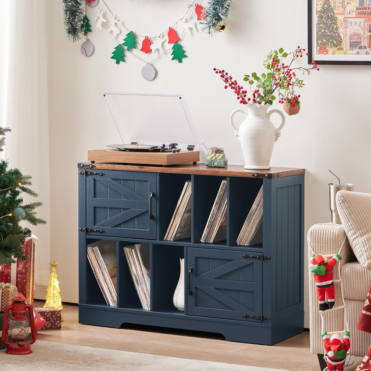 Joaxswe Large Record Player Stand with Vinyl Storage Up to 450 Albums, 39 Inch Farmhouse Wood Navy Blue Vinyl Records Storage Cabinet with Barn Doors, Mid-Century Turntable Stand for Living Room Joaxswe