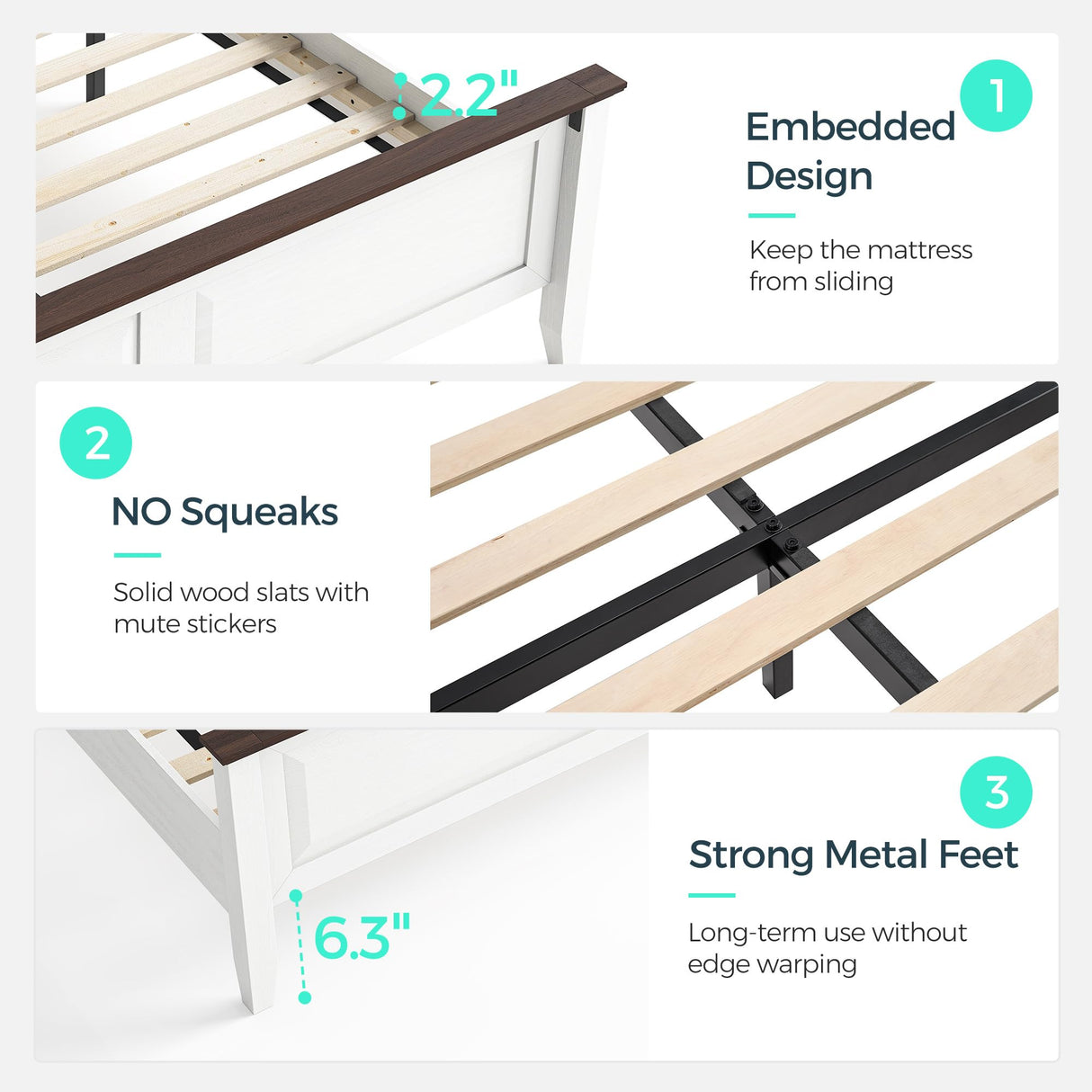 LINSY Wood Queen Bed Frame with Headboard, Farmhouse Bed Frame Queen Size with High Footboard, Wood Bed Fast Assembly, Noise-Free, No Box Spring Needed - White LINSY