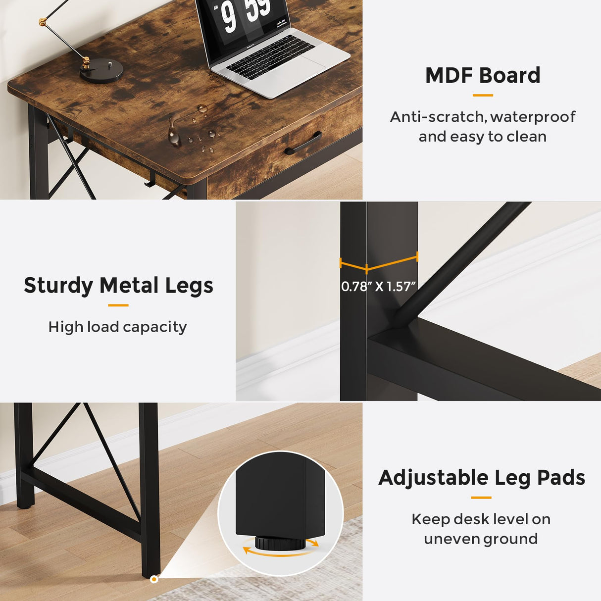 Condemo 78.7 inch Extra Long Computer Desk, Two Person Desk with 3 Drawers, Double Desk with Hooks, Industrial Writing Study Table Workstation for Home Office, Rustic Brown and Black Condemo