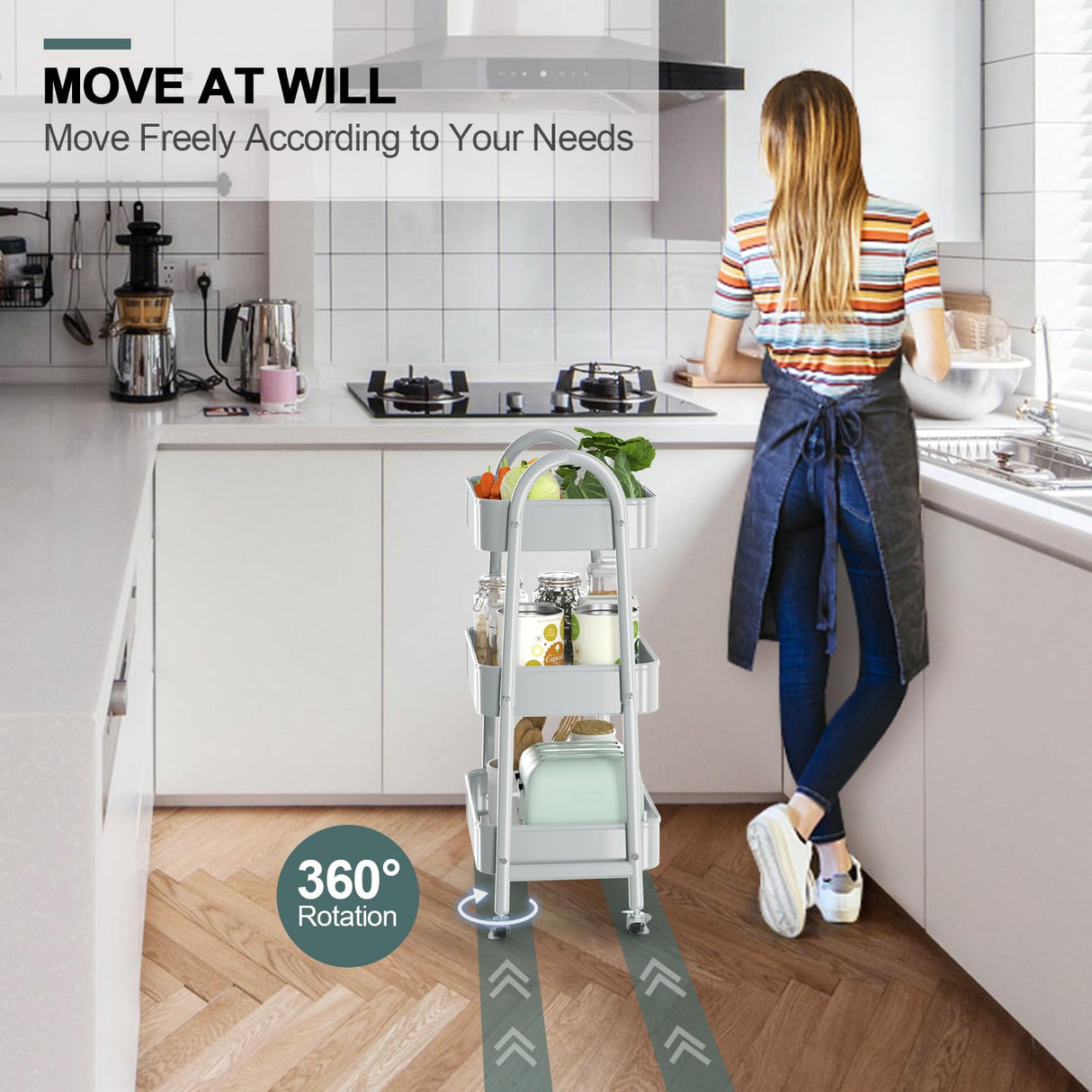 EAGMAK 3 Tier Utility Rolling Cart, Metal Storage Cart with Handle and Lockable Wheels, Multifunctional Storage Organizer Trolley with Mesh Baskets for Kitchen, Living Room, Office, Garage (Grey) EAGMAK