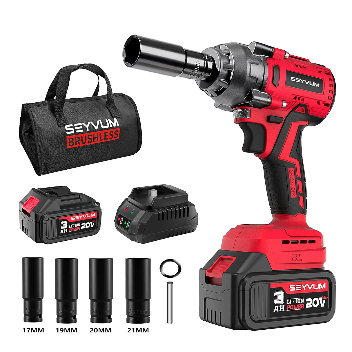 SEYVUM Impact Wrench,1/2" Impact Gun, Power Impact Driver Max Torque 320 Ft-lbs (430N.m), Cordless Impact Wrench with 20V Brushless Motor, 3.0Ah Li-ion Battery with Fast Charger, 4 Pcs Impact Sockets SEYVUM