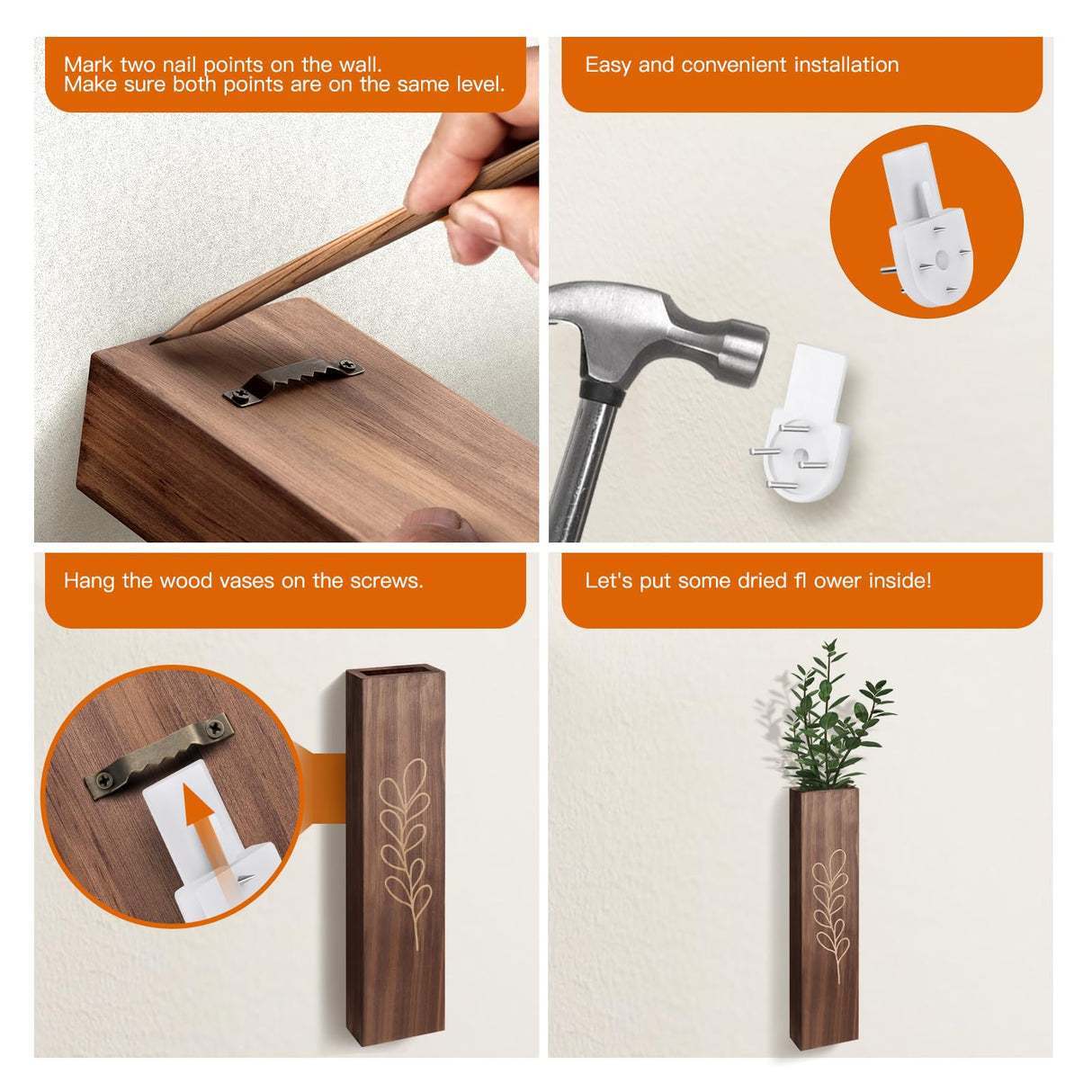 BOTOP Wood Wall Planter Indoor Wall Decor for Living Room Bedroom, 4 Pack Pocket Vases for Dried Flowers Faux Greenery Plants BOTOP