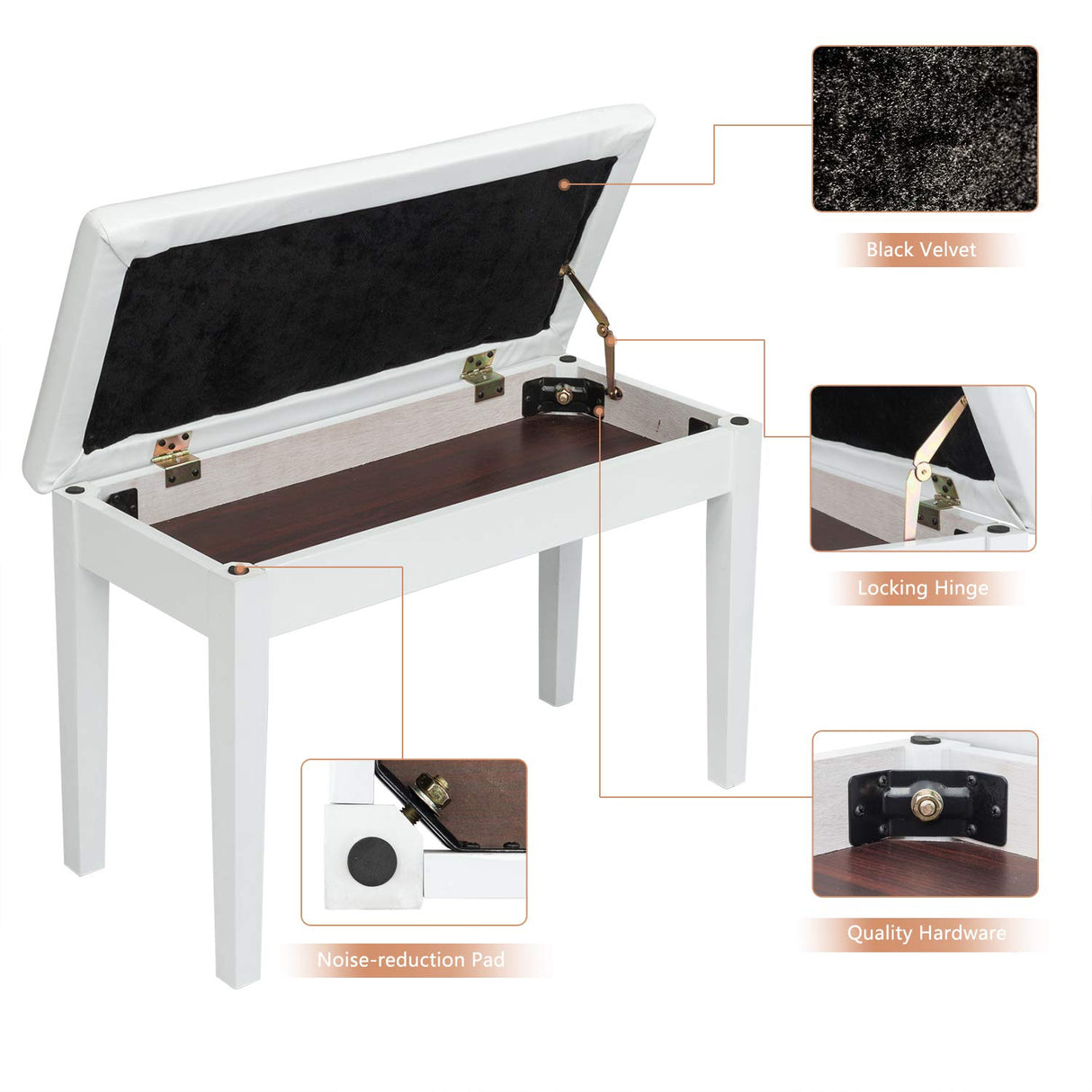 Bonnlo White Duet Piano Bench Wooden Keyboard Bench with Storage and Padded Cushion Bonnlo