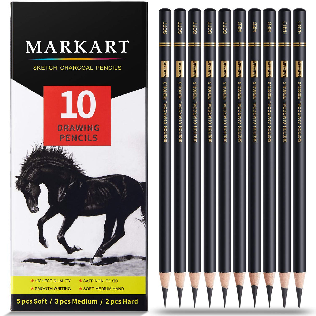 MARKART Professional Charcoal Pencils Drawing Set - 10 Pieces Soft Medium and Hard Charcoal Pencils for Drawing, Sketching, Shading MARKART