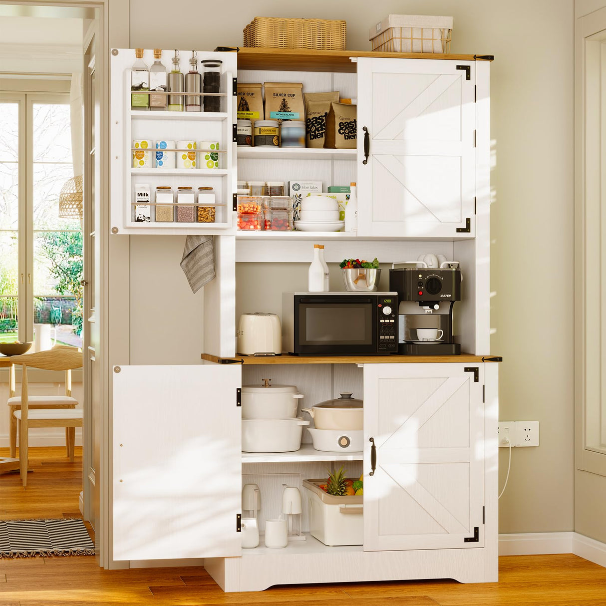 71" Kitchen Pantry Cabinet with Charging Station, Farmhouse Pantry Cabinet with Microwave Stand, Food Storage Cabinets with 6 Door Shelves & Adjustable Shelf, Kitchen Hutch for Dining Room, White Hiwelldas