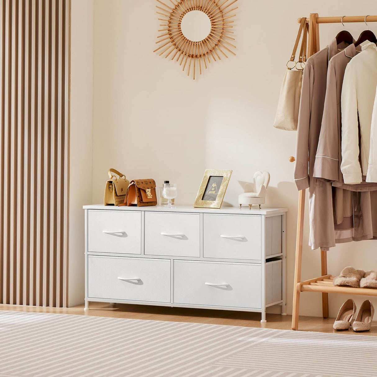 DUMOS Dresser for Bedroom, 5 Storage Drawers, Wide Fabric Closet Chests Organizer Tower Furniture with Wooden Top Metal Frame for Clothes, Guest Room, Living Room, Hallway, Entryway DUMOS