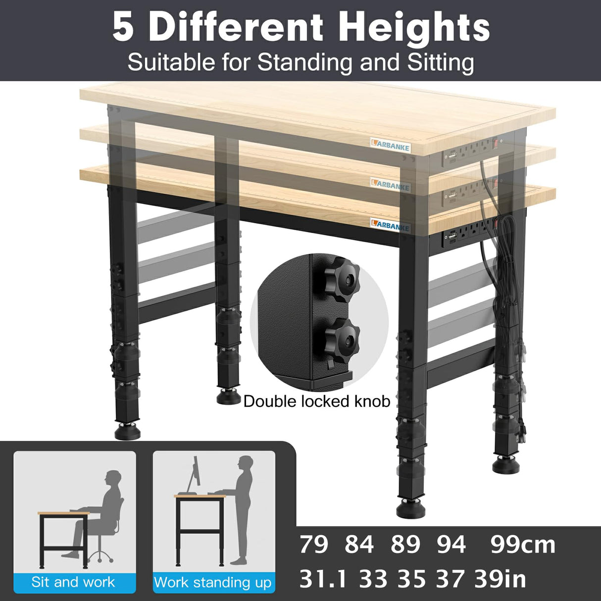 LARBANKE 48" Adjustable Workbench,Weight Capacity to 2000 LBS Heavy Duty Rubberwood Worktable,with 5 Adjustable Heights,Workbench with Scales,Power Panel,Suitable for Workshops,Offices and Homes LARBANKE
