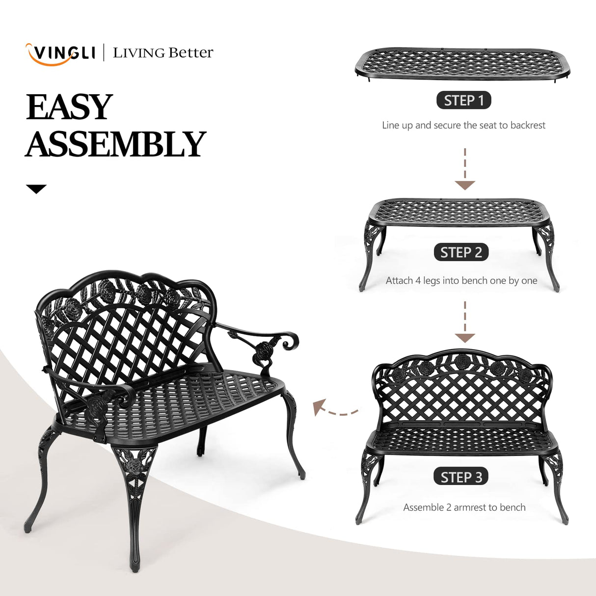 VINGLI 42.5" Outdoor Bench, Antique Cast Aluminum Front Porch Bench Metal Garden Benches Cast Iron Benches 2-3 People Seating (Black) VINGLI