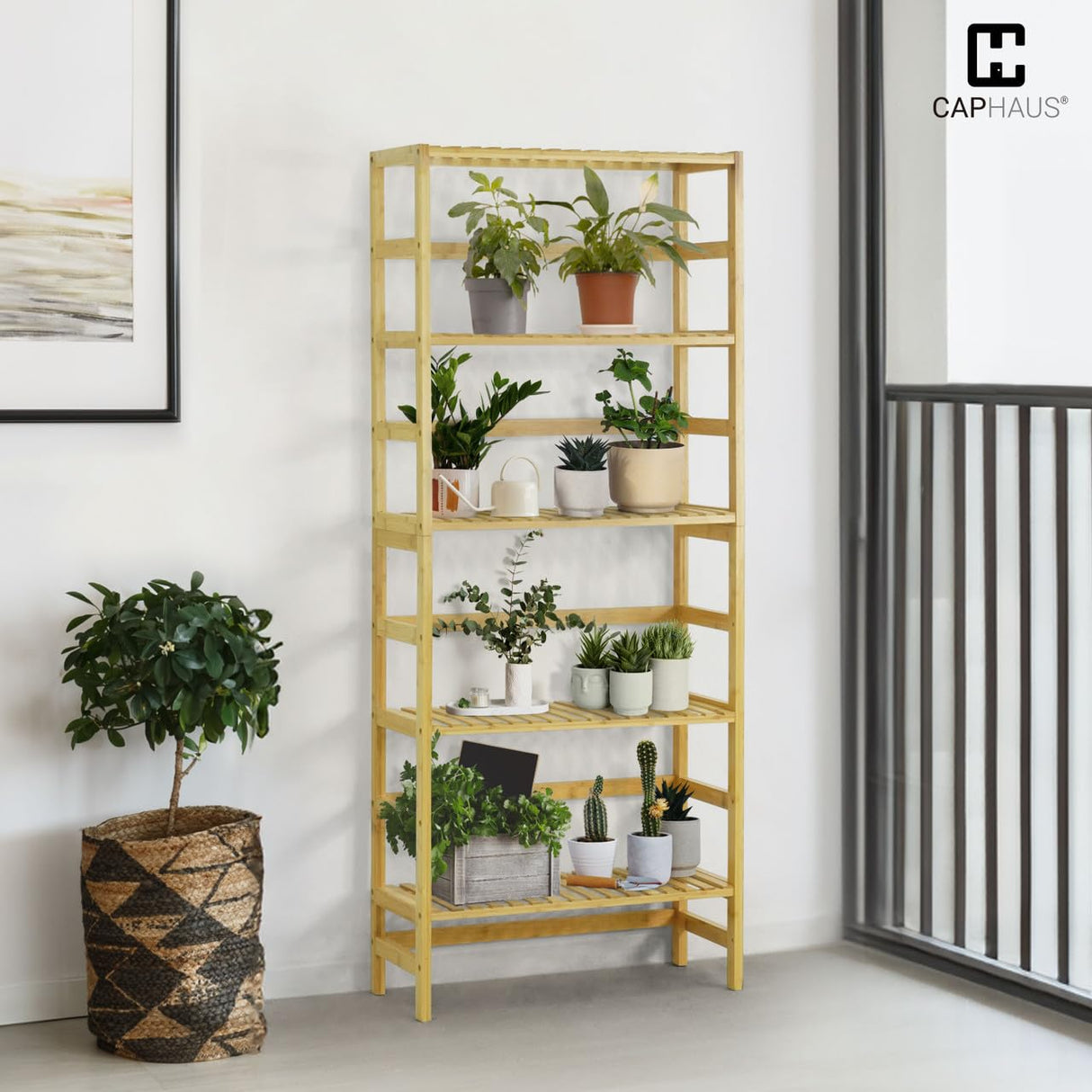CAPHAUS 5-Tier Adjustable Bamboo Storage Shelf - Multifunctional Organiser for Home & Garden CAPHAUS