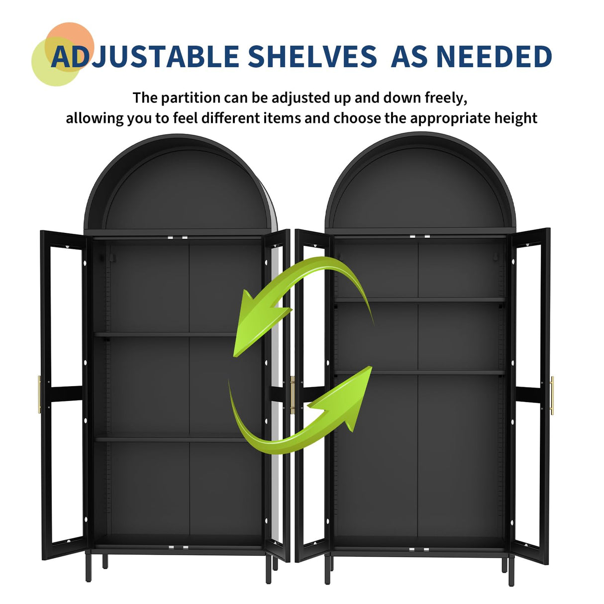 GarveeHome 73 in Tall Arched Cabinet with Glass Doors & Adjustable Shelves, Modern Farmhouse Kitchen Pantry Cabinet, Display Bookshelf for Dining Room, Living Room, Black GarveeHome