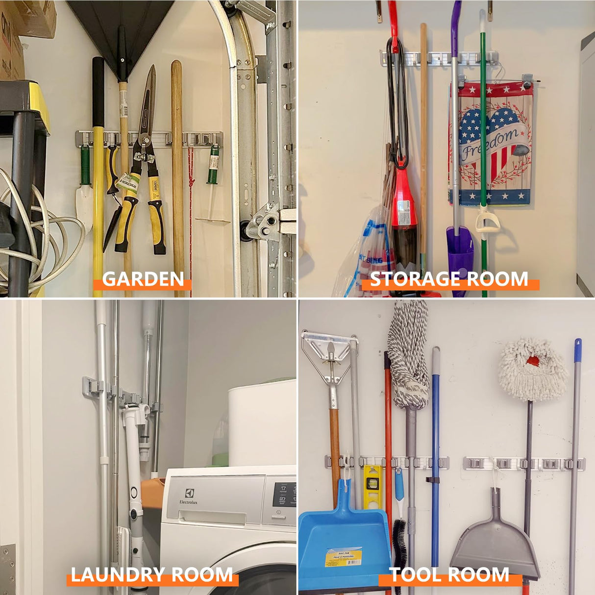 reliahom 2 Pack Broom Holder Wall Mount Mop and Broom Hanger Wall Mounted Garage Storage Rack Kitchen Garden Tool Organizer (5 Racks with 4 Hooks, Silver) reliahom